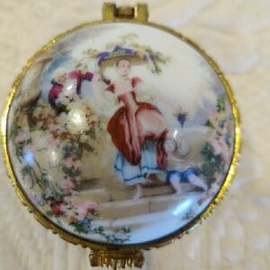 Golden Dent French Hinged Porcelain Trinket Box Renaissance Scene Vintage 1959